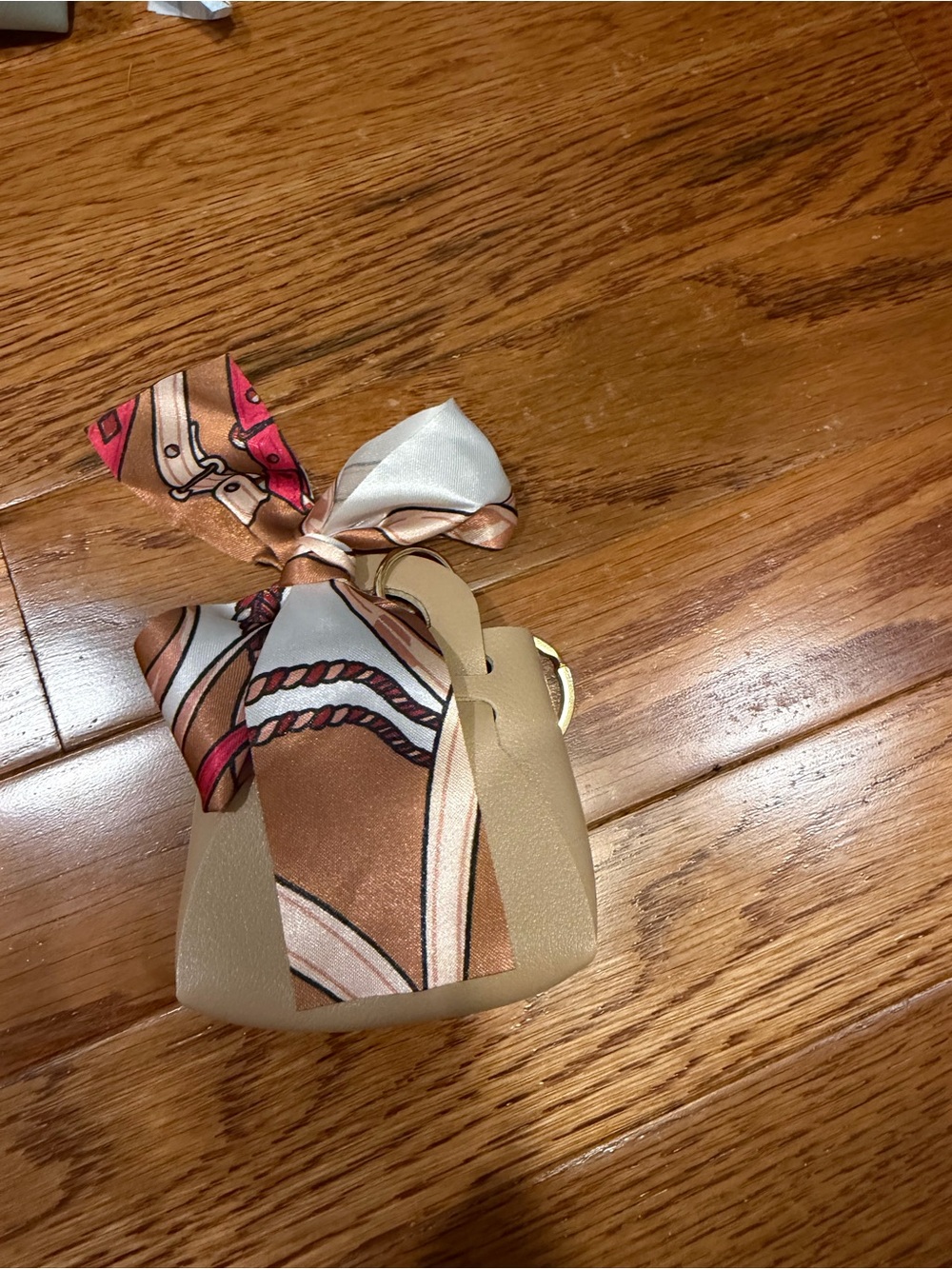 Tan Mini Handbag charm/ear bud holder with Cream & Peach Scarf Accent